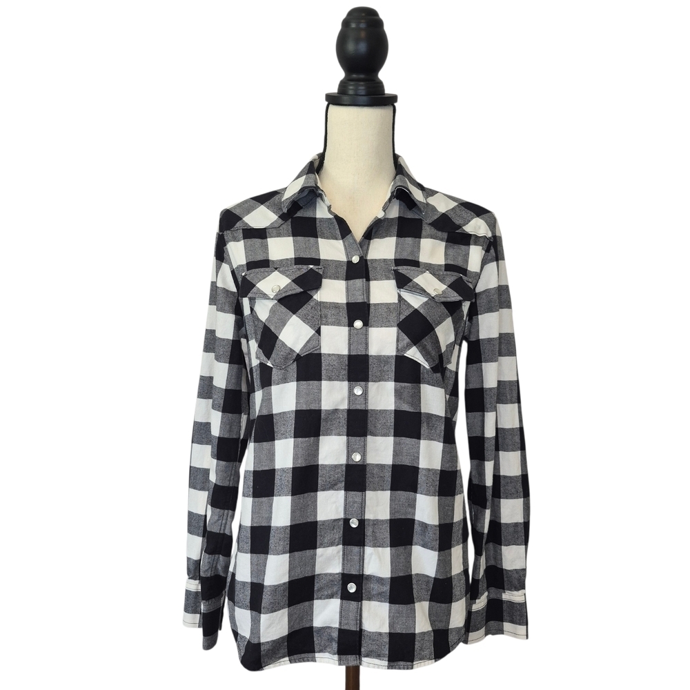 Untuckit Holden Top White Black Buffalo Plaid Long Sleeve Snap Button Women Sz 6